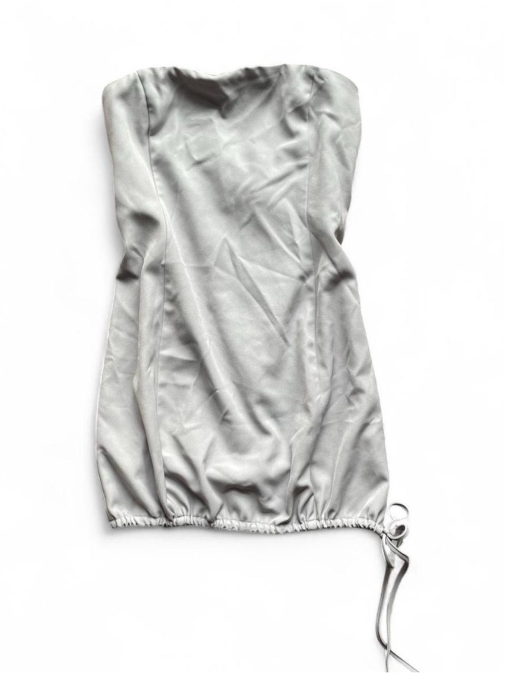 Motel Light Grey Strapless Bandeau Mini Dress – Ruched Y2K Bodycon (Size L)